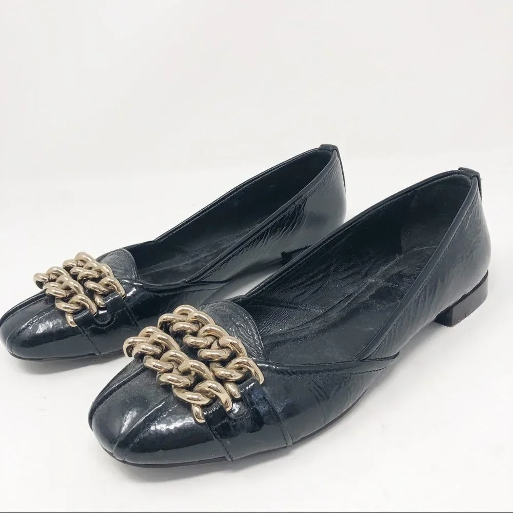 TORY BURCH | Hana Black Patent Leather Flats Gold Chains 5.5